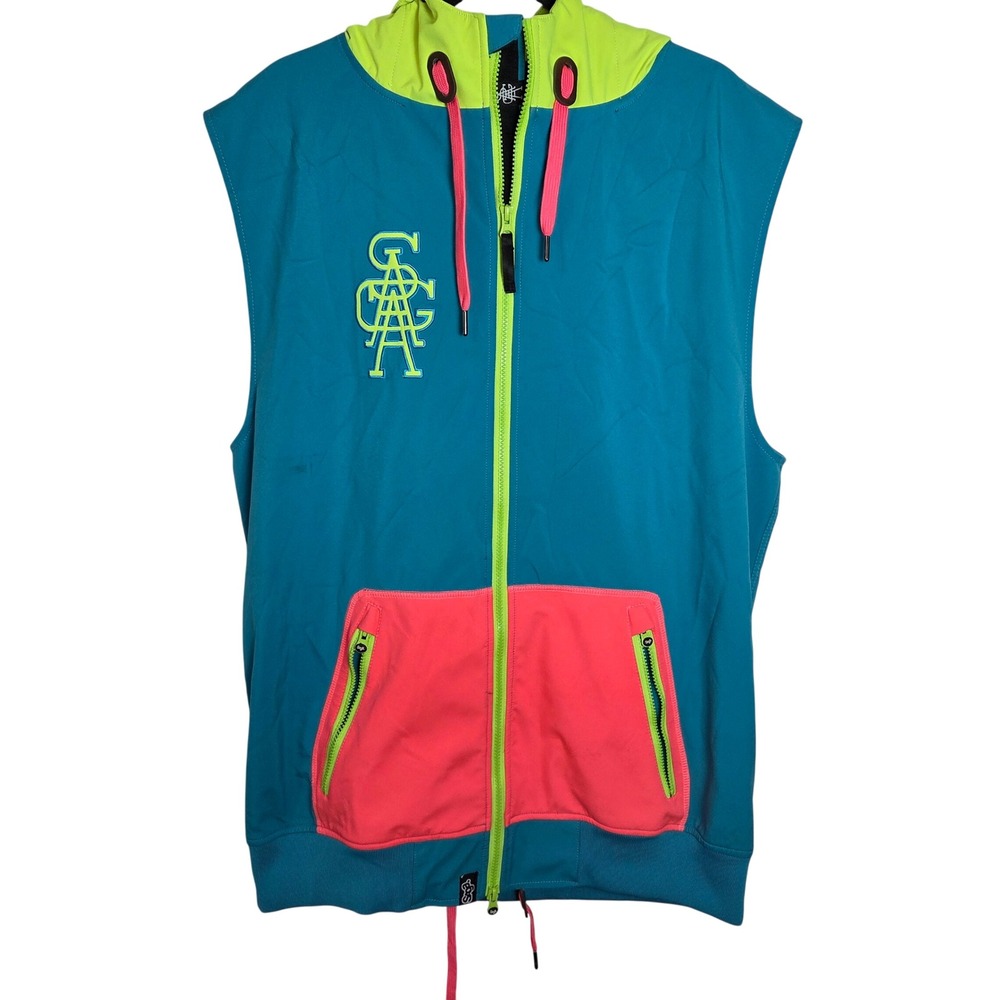 Saga Outerwear Hooded Vest Mens Large Neon Colorblock Ski Snowboard 90s